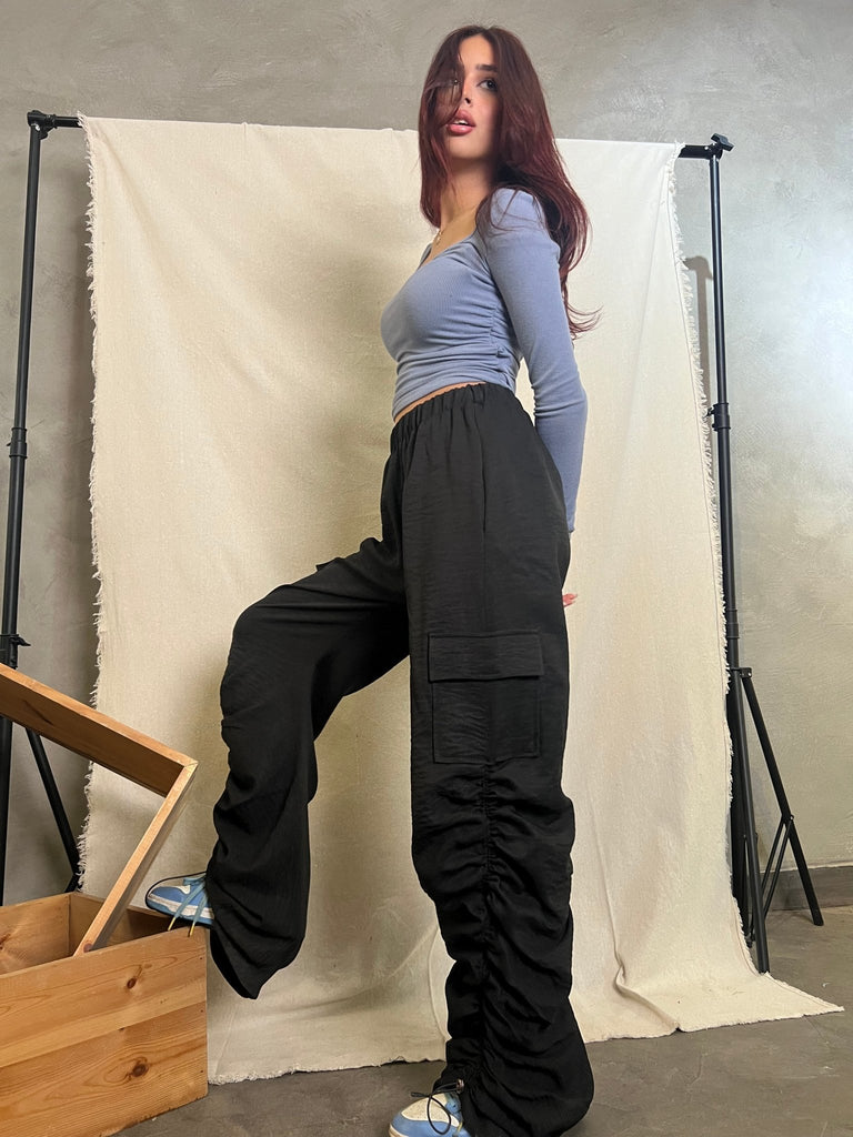 Black Flap Pocket Side Drawstring Waist Parachute Pants - Mii