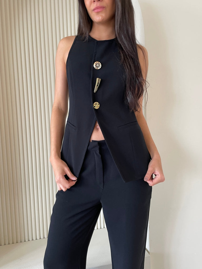 Black French Style Metal Button Vest - Mii