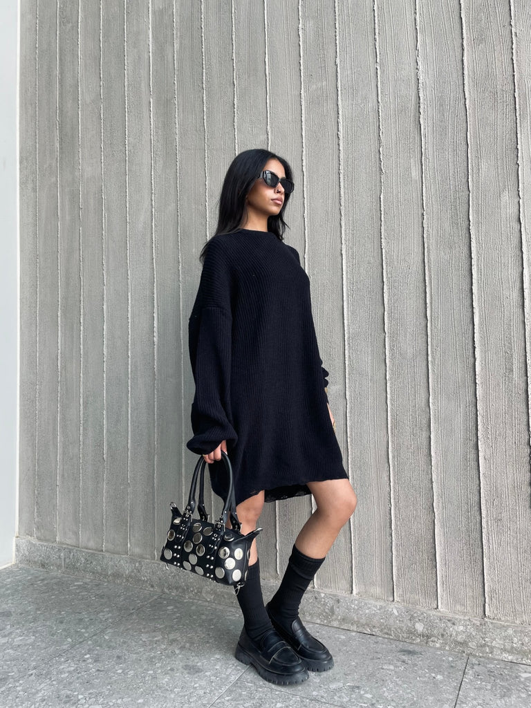 Black Frenchy Ripped Knit Sweater Dress - Mii