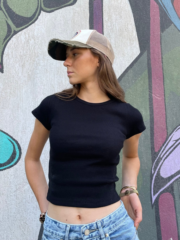 Black Half Sleeve Ribbed Top - Mii