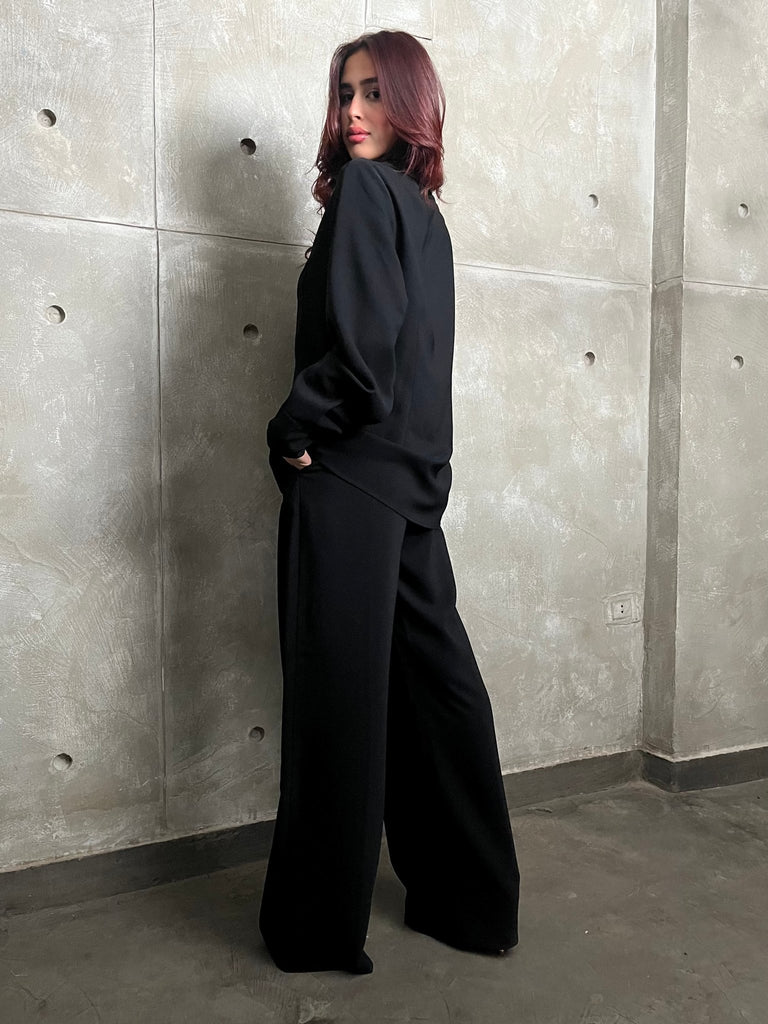 Black High Waisted Plicated Detail Wide Leg Suit Pants - Mii