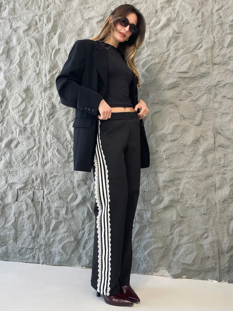 Black Lace Stripes Sweatpants - Mii