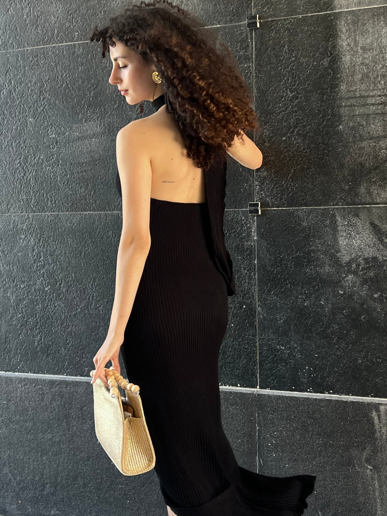 Black Long Backless Scarf Dress - Mii