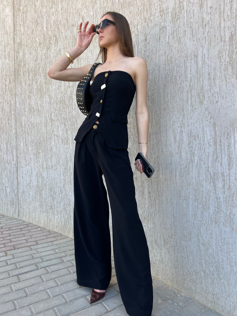 Black Metal Button Formal Pants - Mii