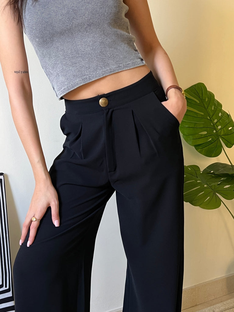 Black Metal Button Formal Pants - Mii