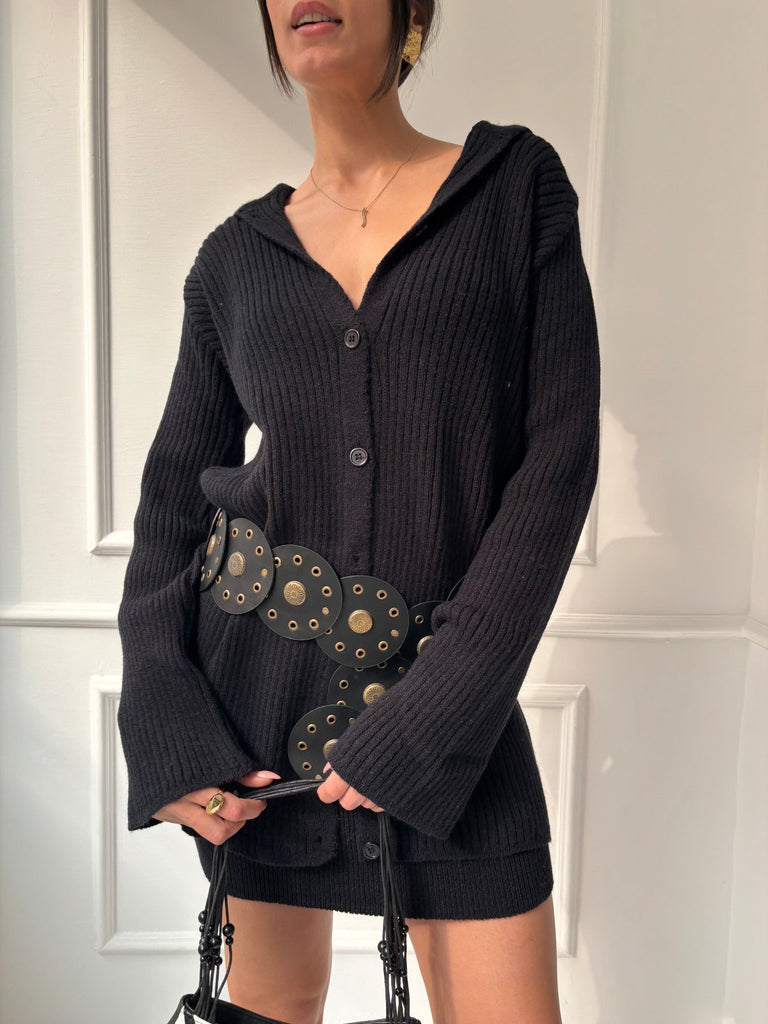 Black Mini Skirt Cardigan Set - Mii