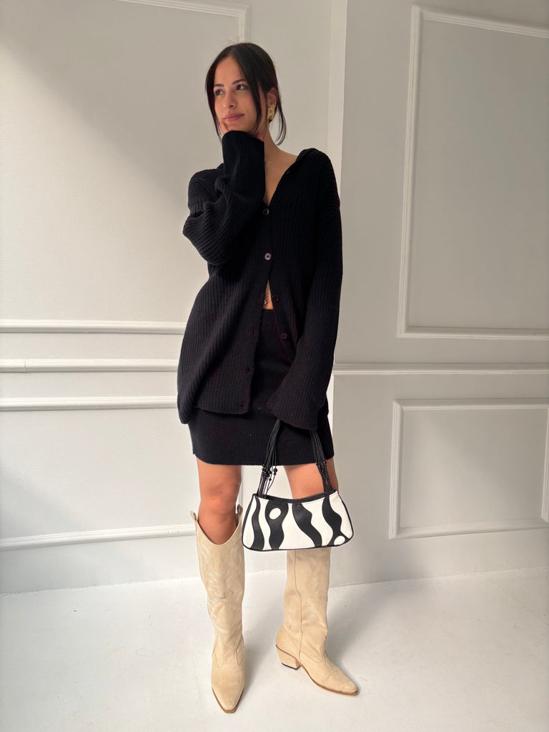 Black Mini Skirt Cardigan Set - Mii