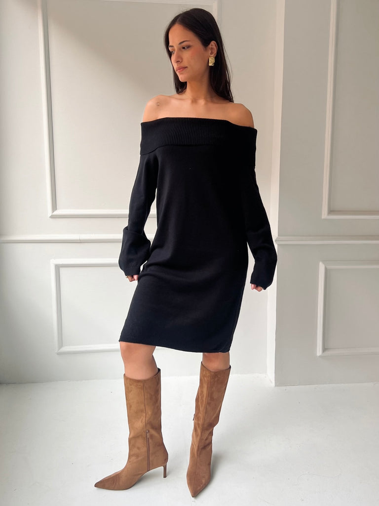 Black Off Shoulder Lantern Sleeve Dress - Mii