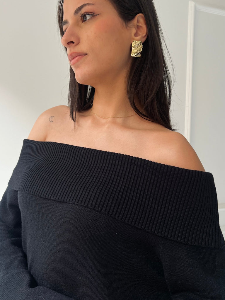 Black Off Shoulder Lantern Sleeve Dress - Mii