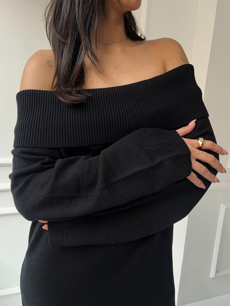 Black Off Shoulder Lantern Sleeve Dress - Mii