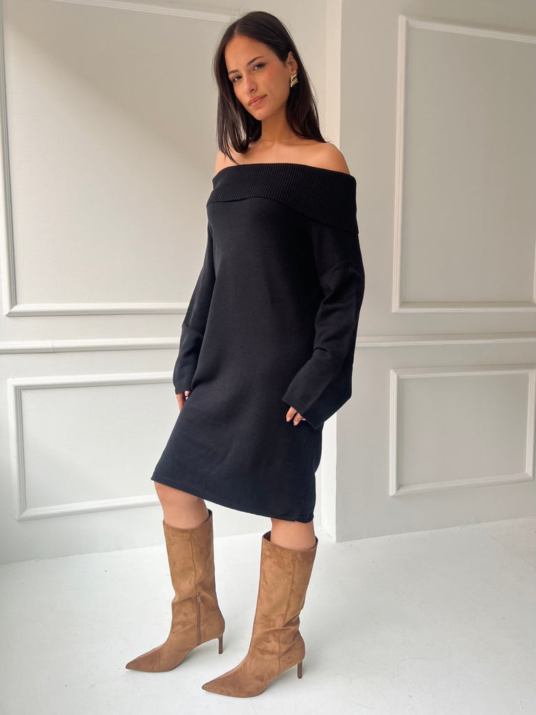 Black Off Shoulder Lantern Sleeve Dress - Mii