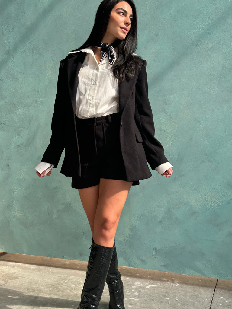 Black One Button Relaxed Textured Blazer - Mii