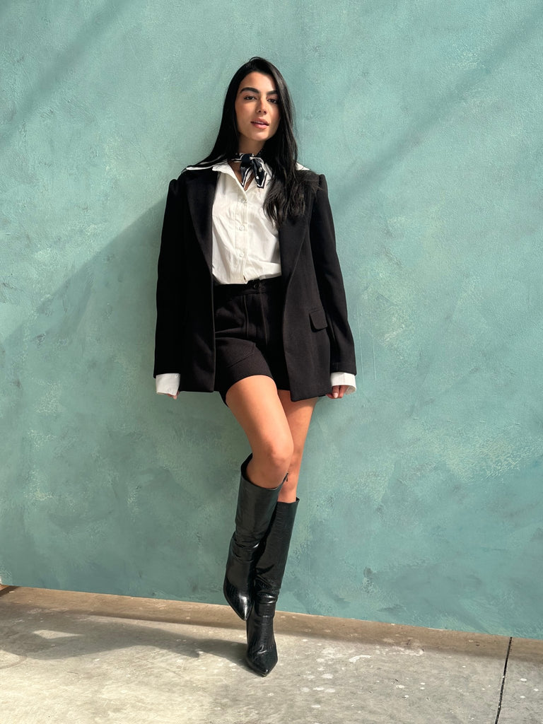 Black One Button Relaxed Textured Blazer - Mii