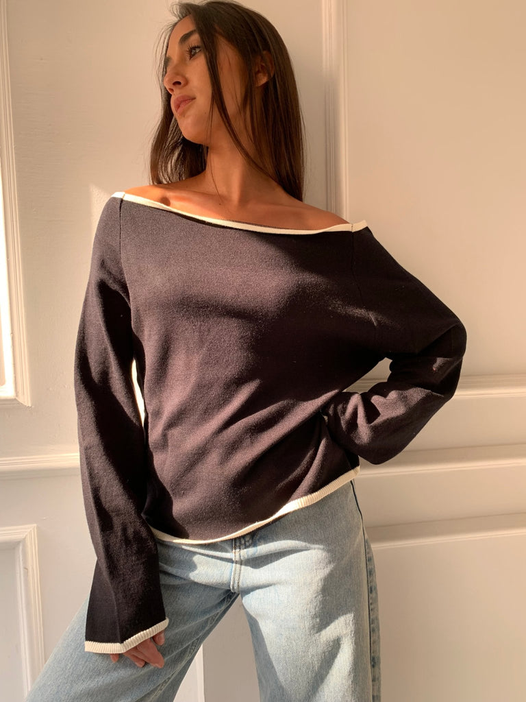 Black One Shoulder Lined Knit Pullover - Mii