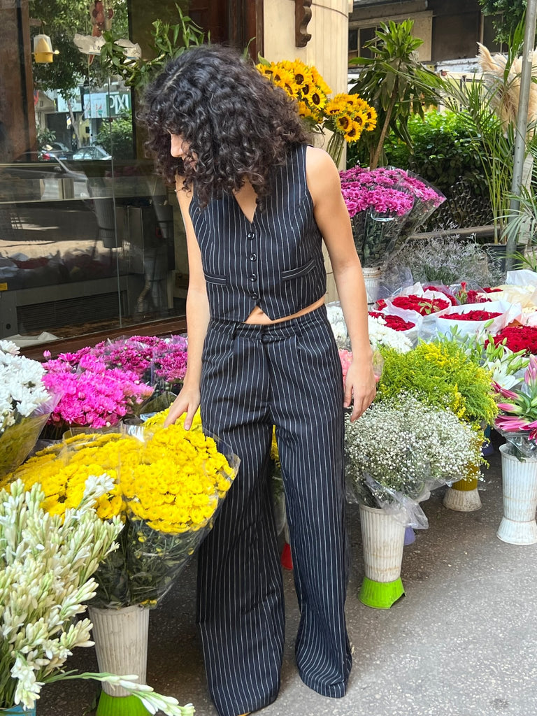 Black Pinstripe Striped Suit Vest - Mii