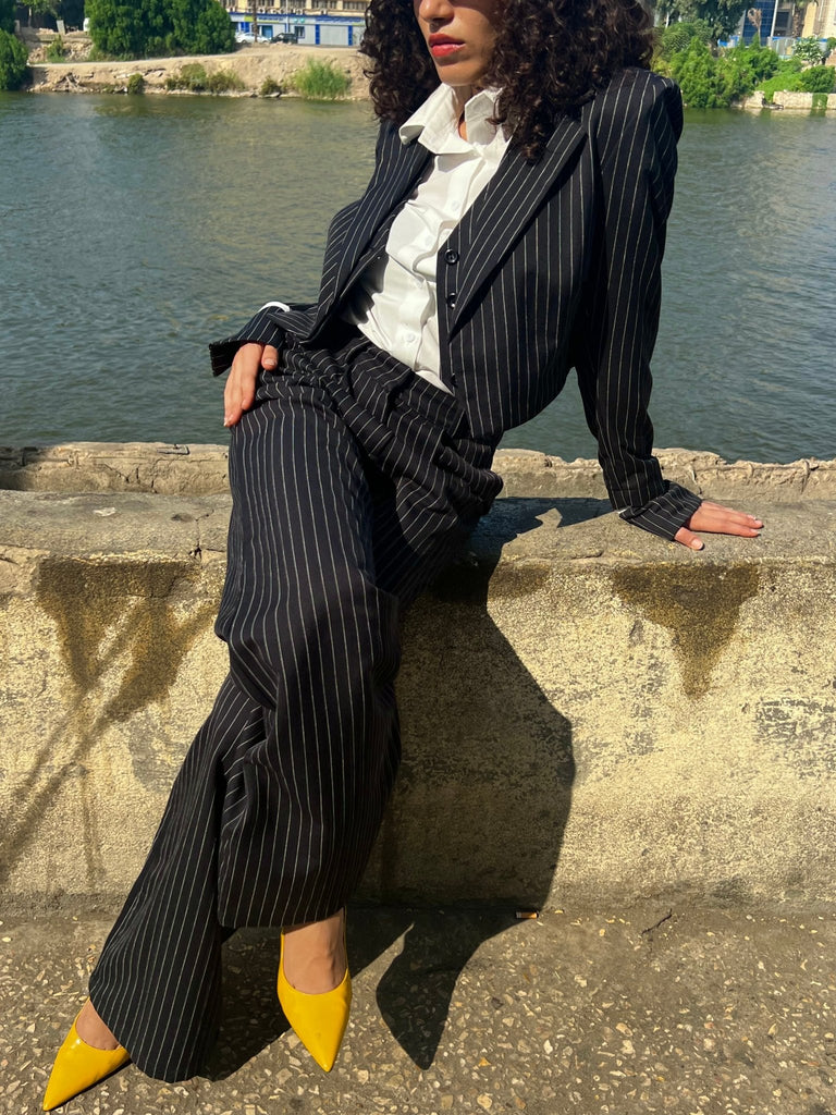 Black Pinstripe Suit Blazer - Mii