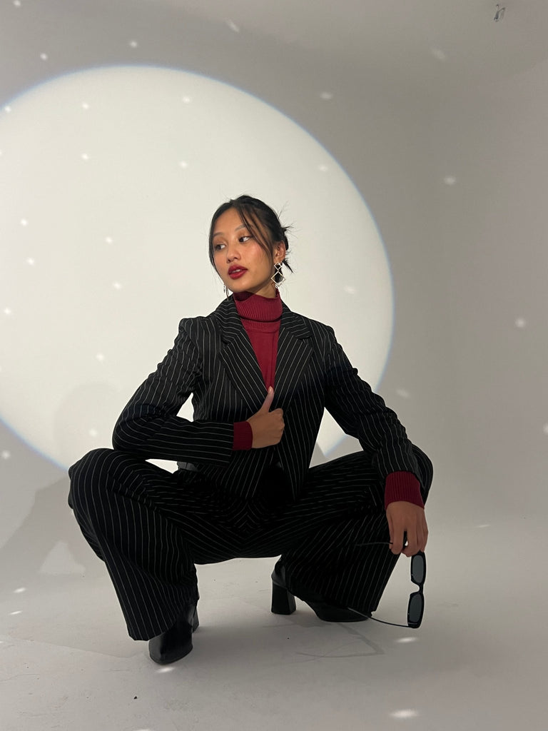 Black Pinstripe Suit Blazer - Mii