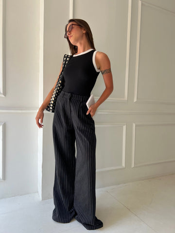 Black Pinstripe Suit Pants - Mii