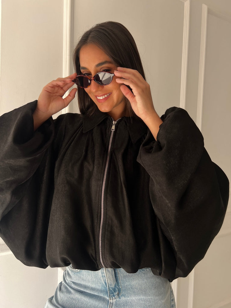 Black Satin Balloon Jacket - Mii