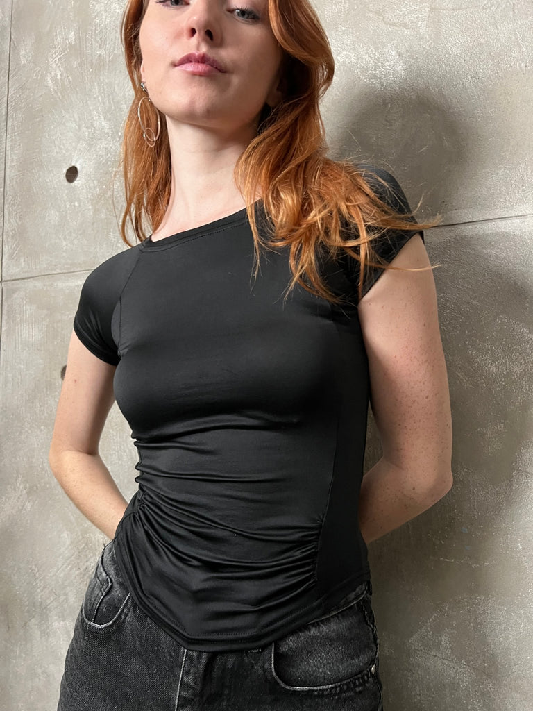 Black Slim Fit Gathered Front Top - Mii