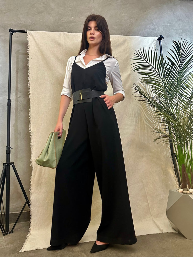 Black Spaghetti Strap Wide Leg Jumpsuit - Mii