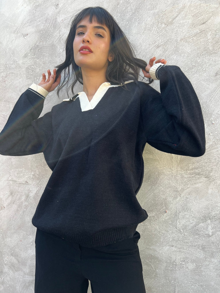 Black X White Polo Knit Pullover - Mii