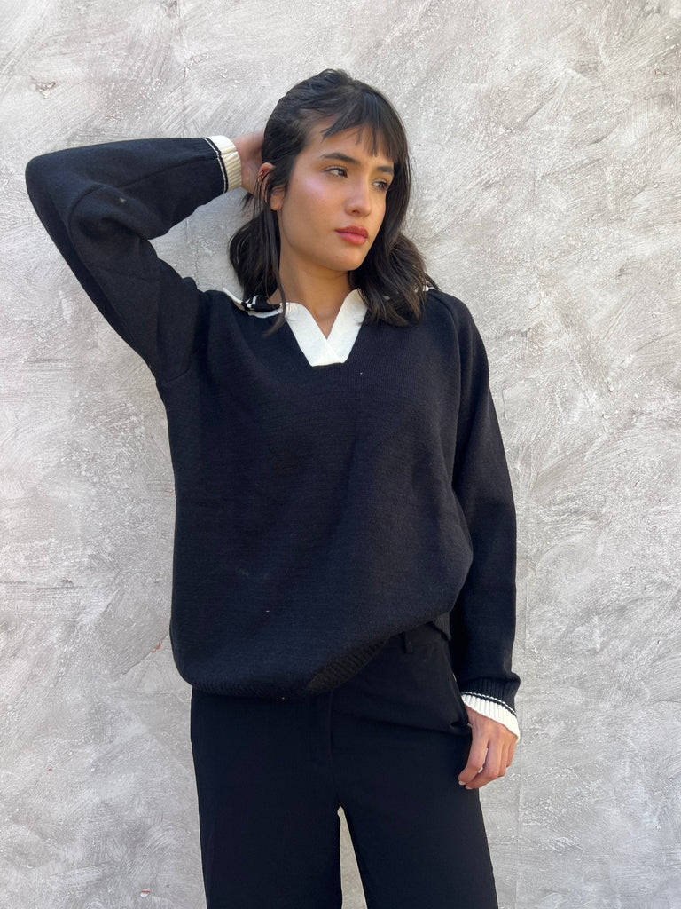 Black X White Polo Knit Pullover - Mii