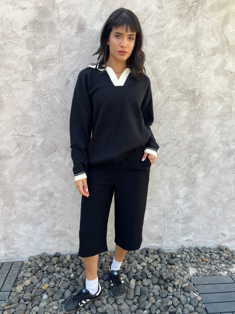 Black X White Polo Knit Pullover - Mii