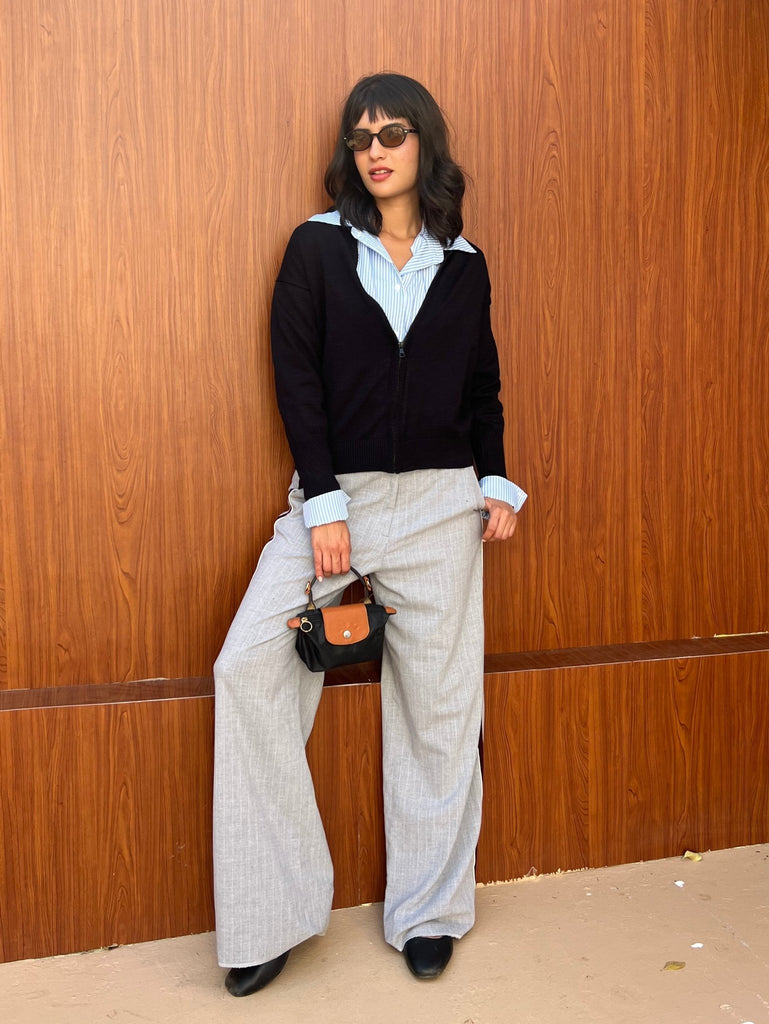 Black Zip Up Knit Sweater - Mii