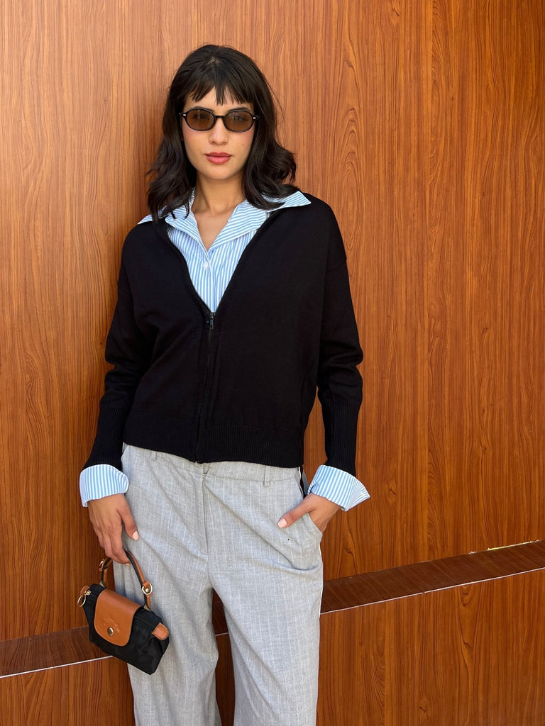 Black Zip Up Knit Sweater - Mii