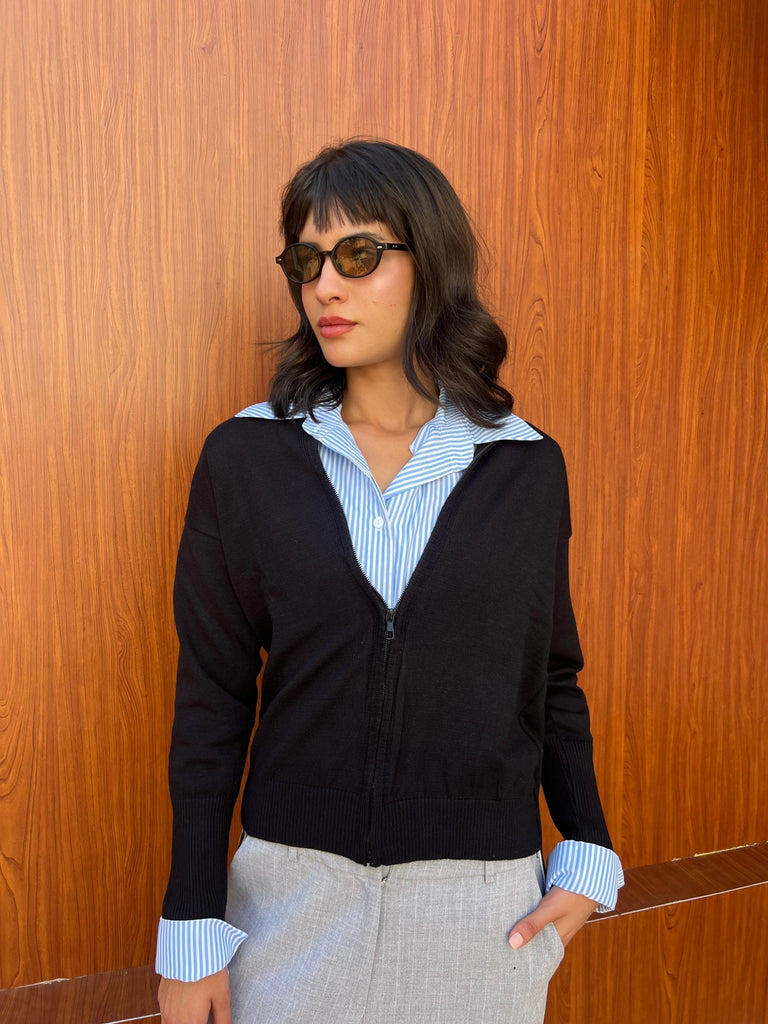 Black Zip Up Knit Sweater - Mii