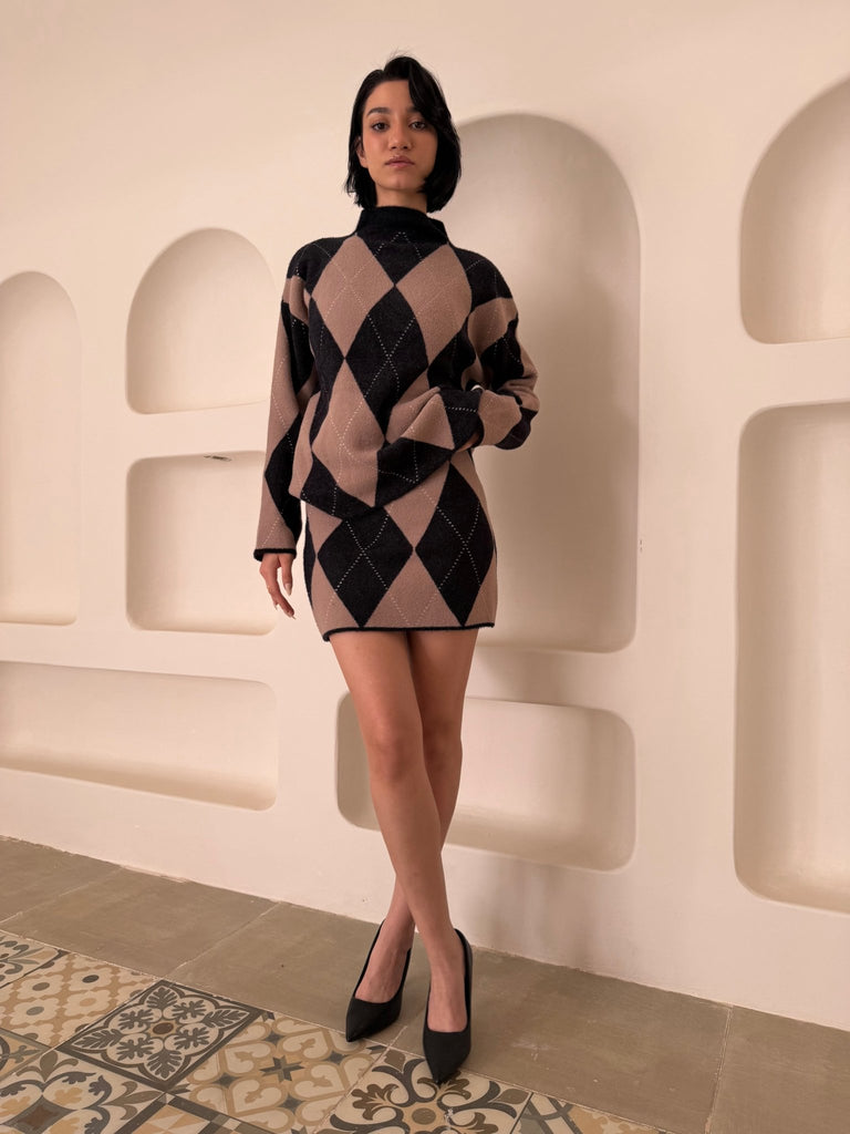 BlackXBeige Argyle Knit Skirt Set - Mii