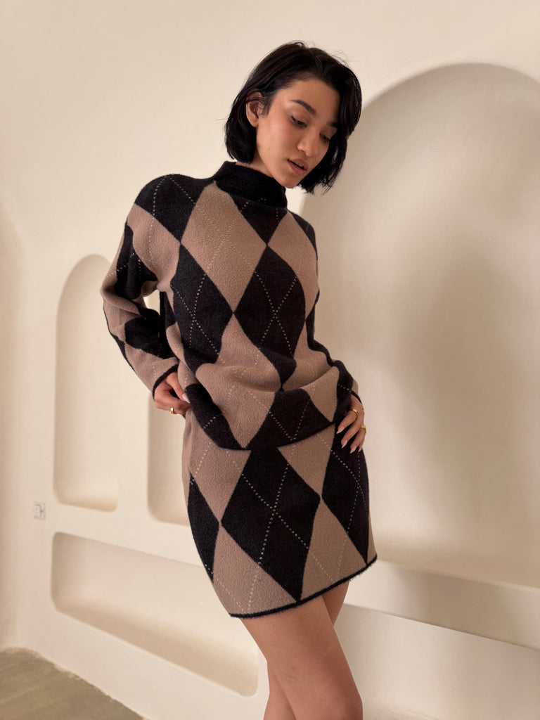 BlackXBeige Argyle Knit Skirt Set - Mii