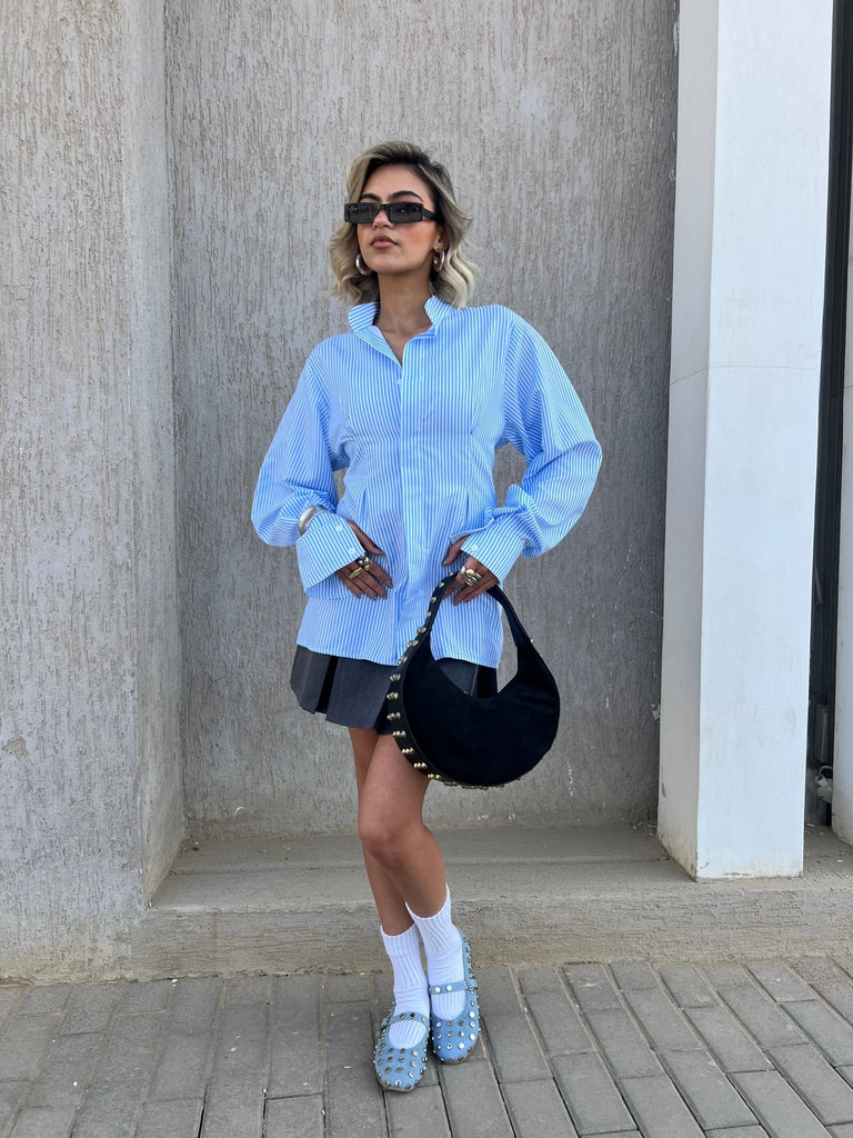 Blue Pinstripe Puff Sleeves Cinched Shirt - Mii