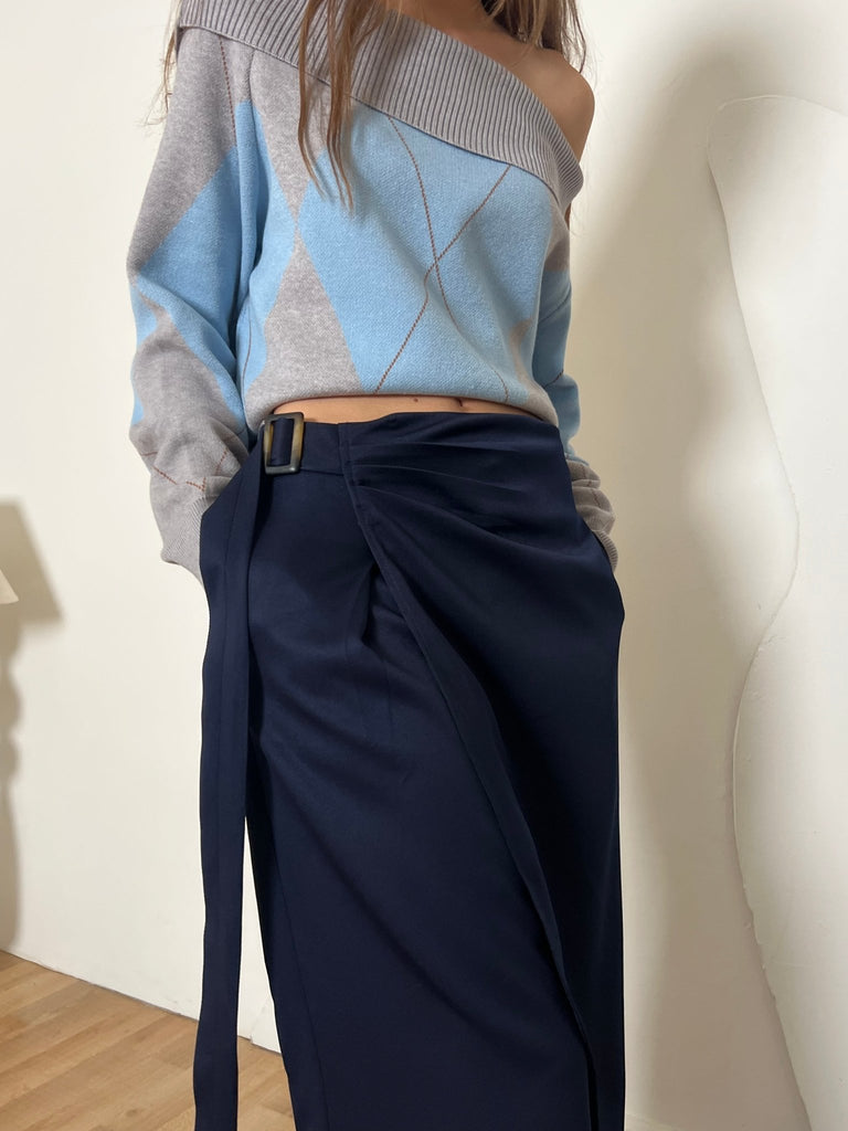 Blue X Grey Argyle Off Shoulder Knit Pullover - Mii