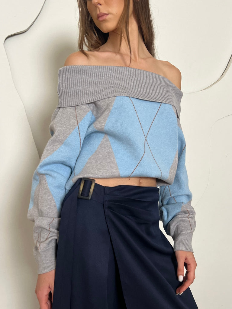 Blue X Grey Argyle Off Shoulder Knit Pullover - Mii