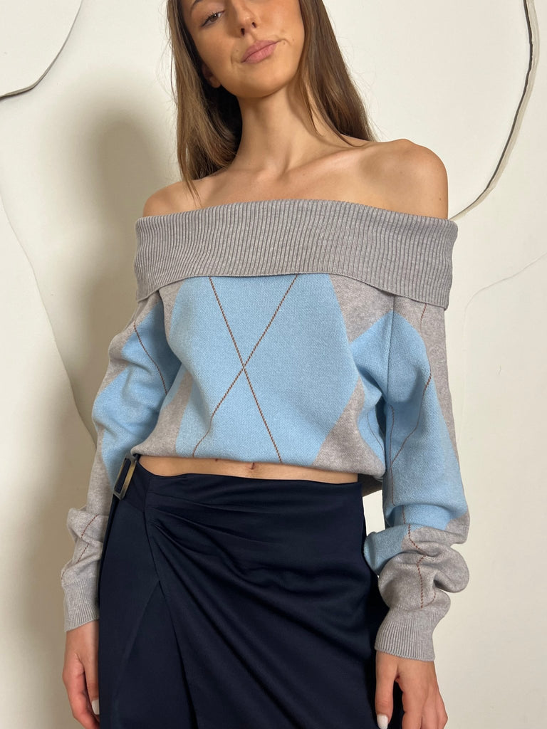 Blue X Grey Argyle Off Shoulder Knit Pullover - Mii