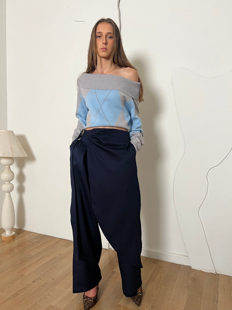 Blue X Grey Argyle Off Shoulder Knit Pullover - Mii