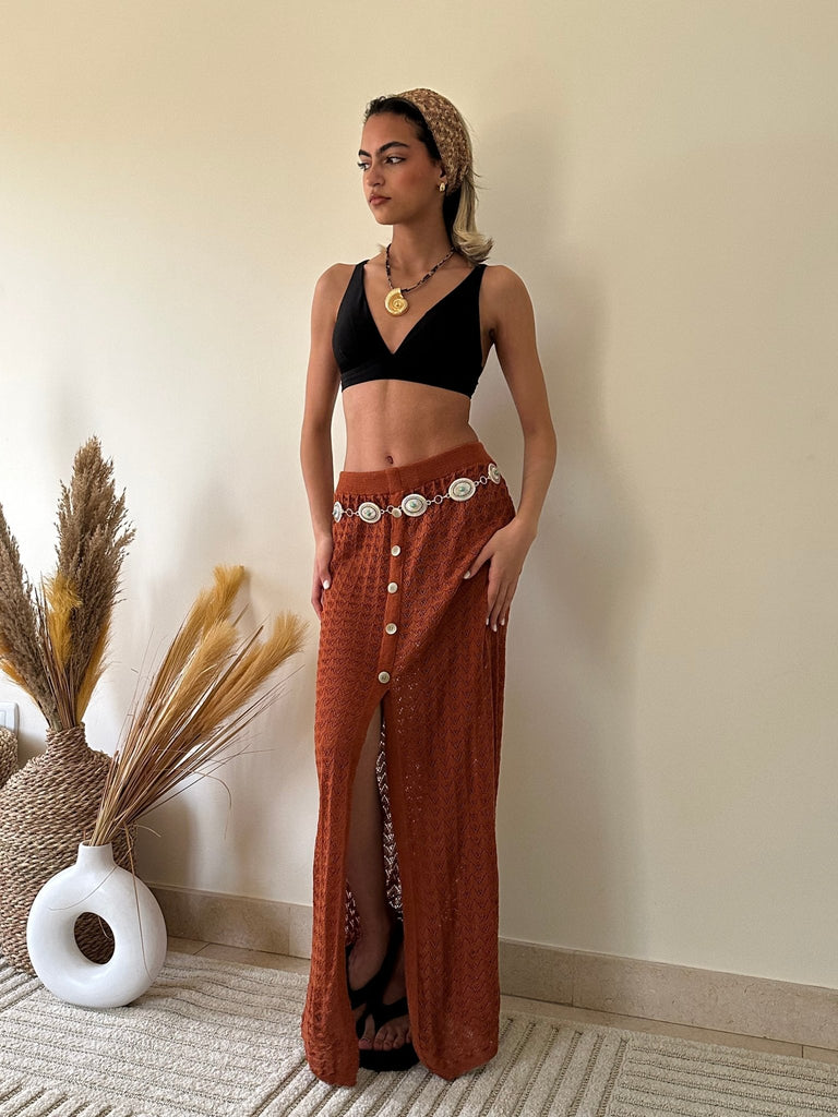Brick Crochet Knit Slit Maxi Skirt - Mii