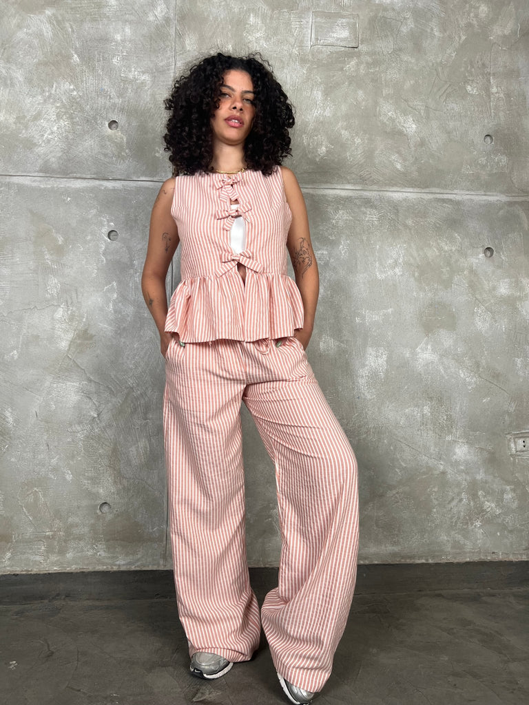 Brick Drawstring Waist Striped Pants - Mii