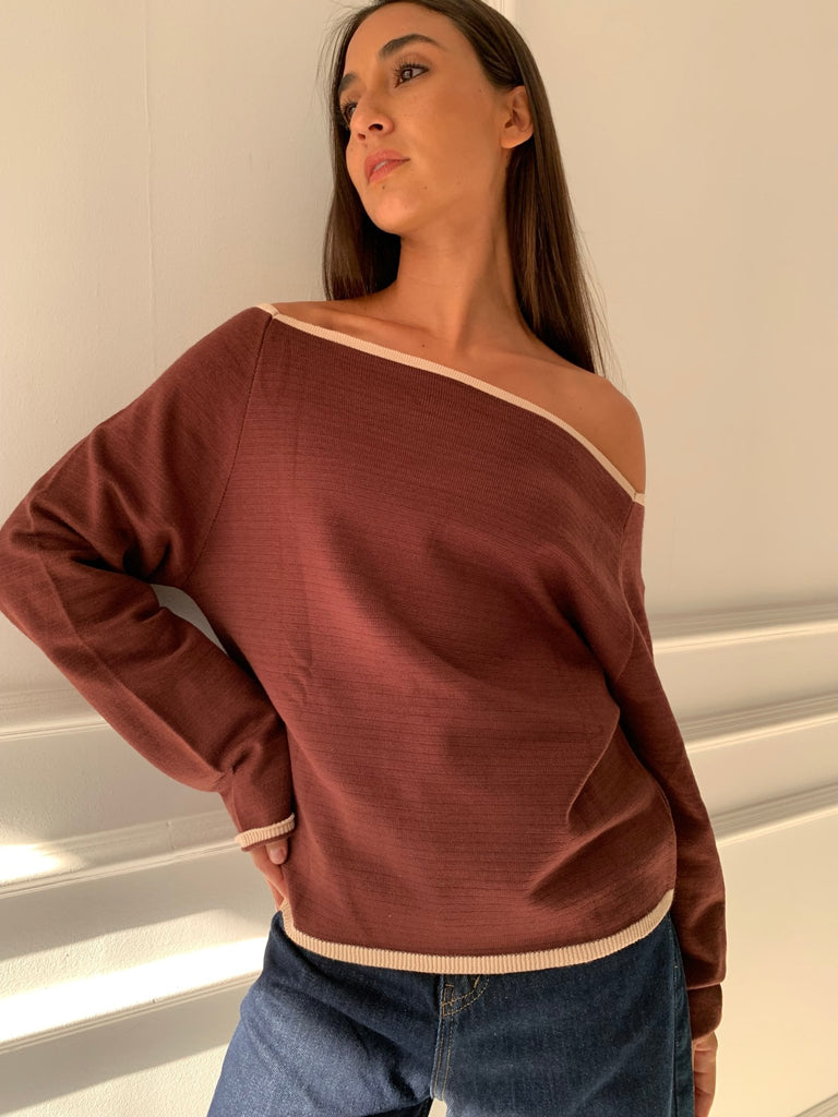 Brown One Shoulder Lined Knit Pullover - Mii