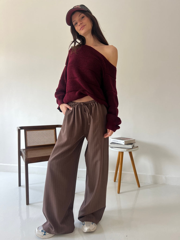 Brown Stripe Drawstring Pants - Mii