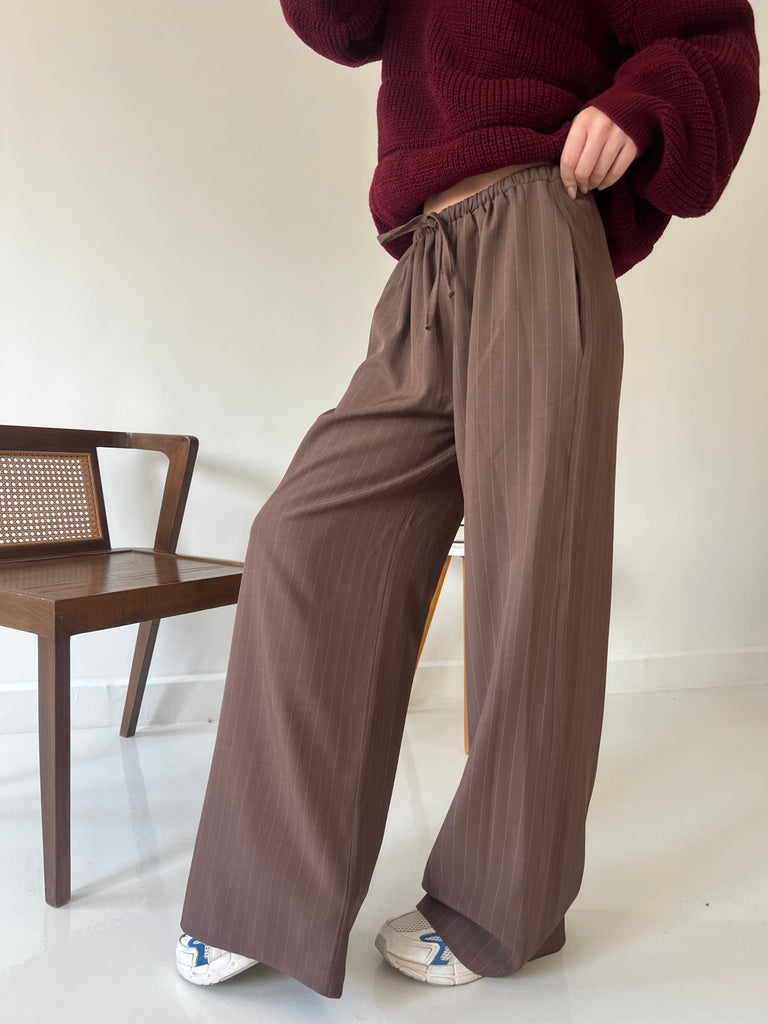 Brown Stripe Drawstring Pants - Mii