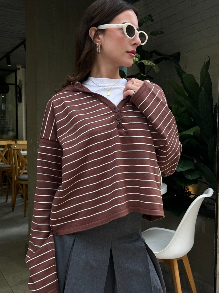 Brown Striped Relaxed Buttoned Hoodie - Mii