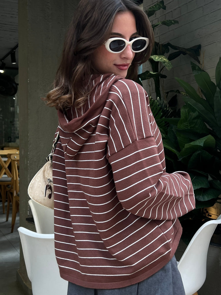 Brown Striped Relaxed Buttoned Hoodie - Mii