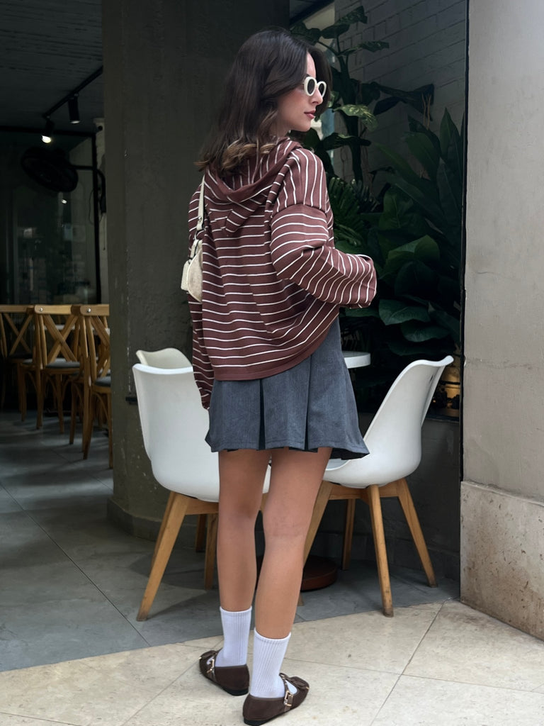 Brown Striped Relaxed Buttoned Hoodie - Mii