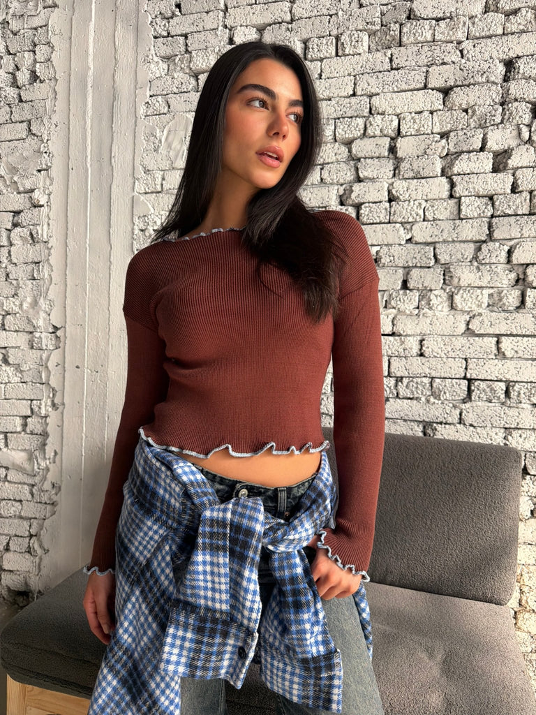 Brown X Blue Gathered Knit Basic Top - Mii