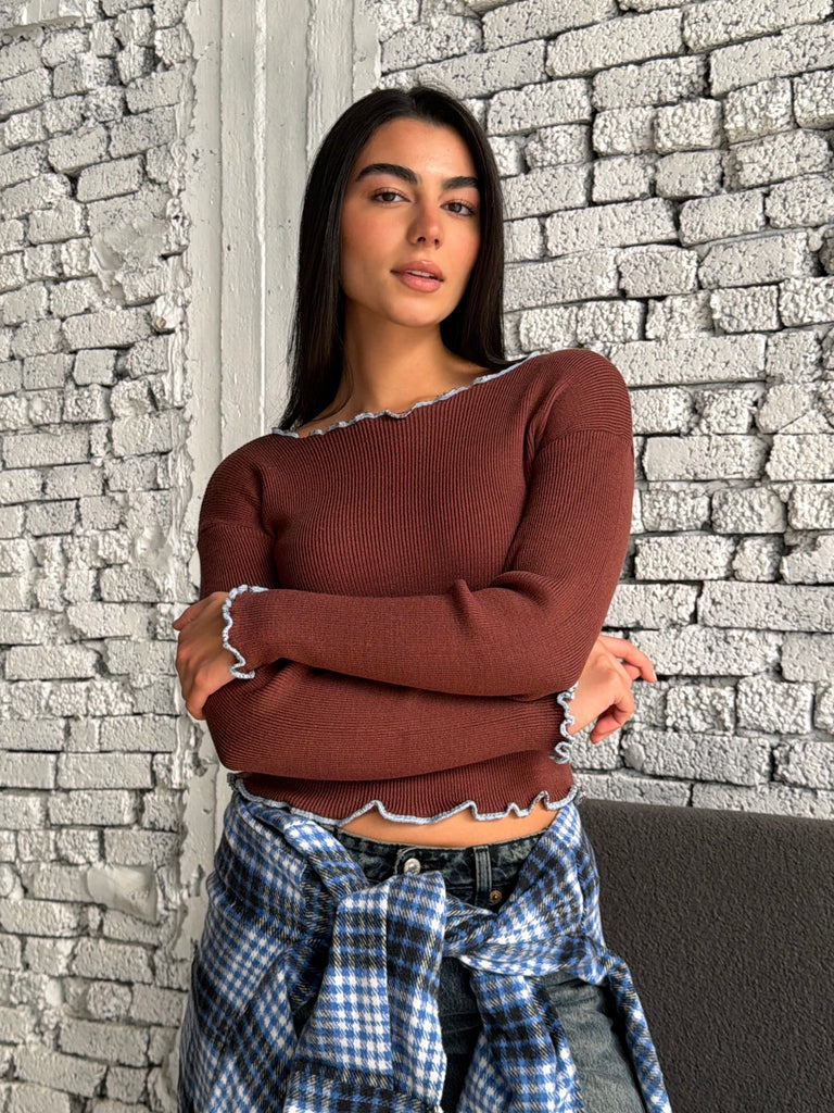 Brown X Blue Gathered Knit Basic Top - Mii