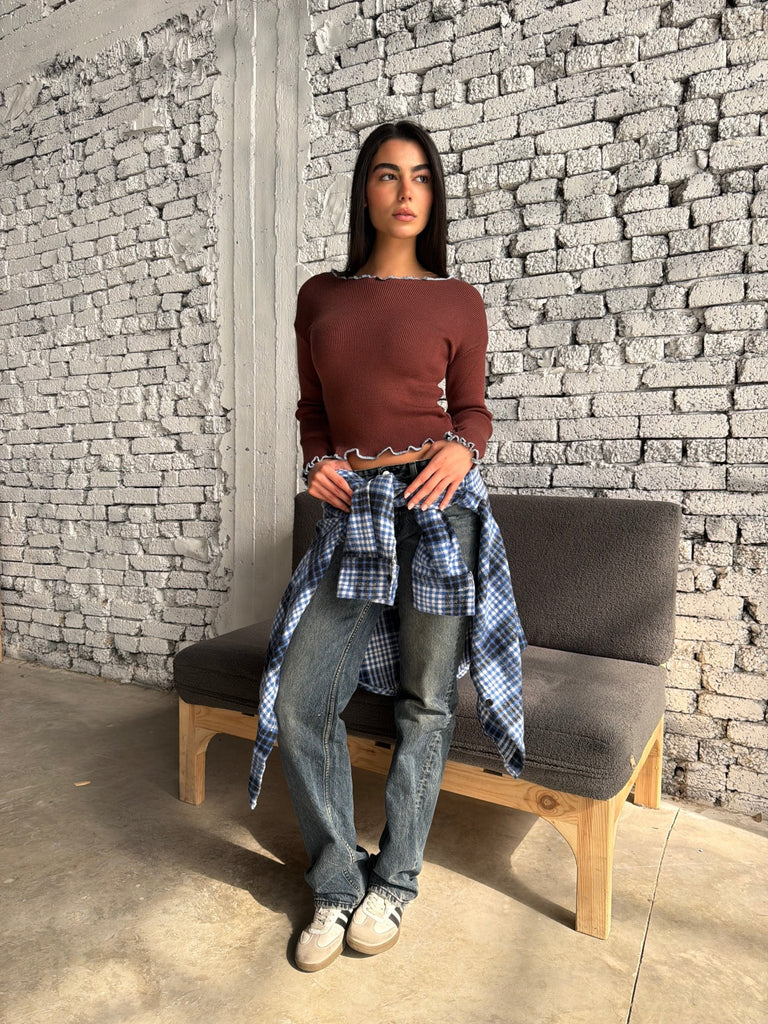 Brown X Blue Gathered Knit Basic Top - Mii