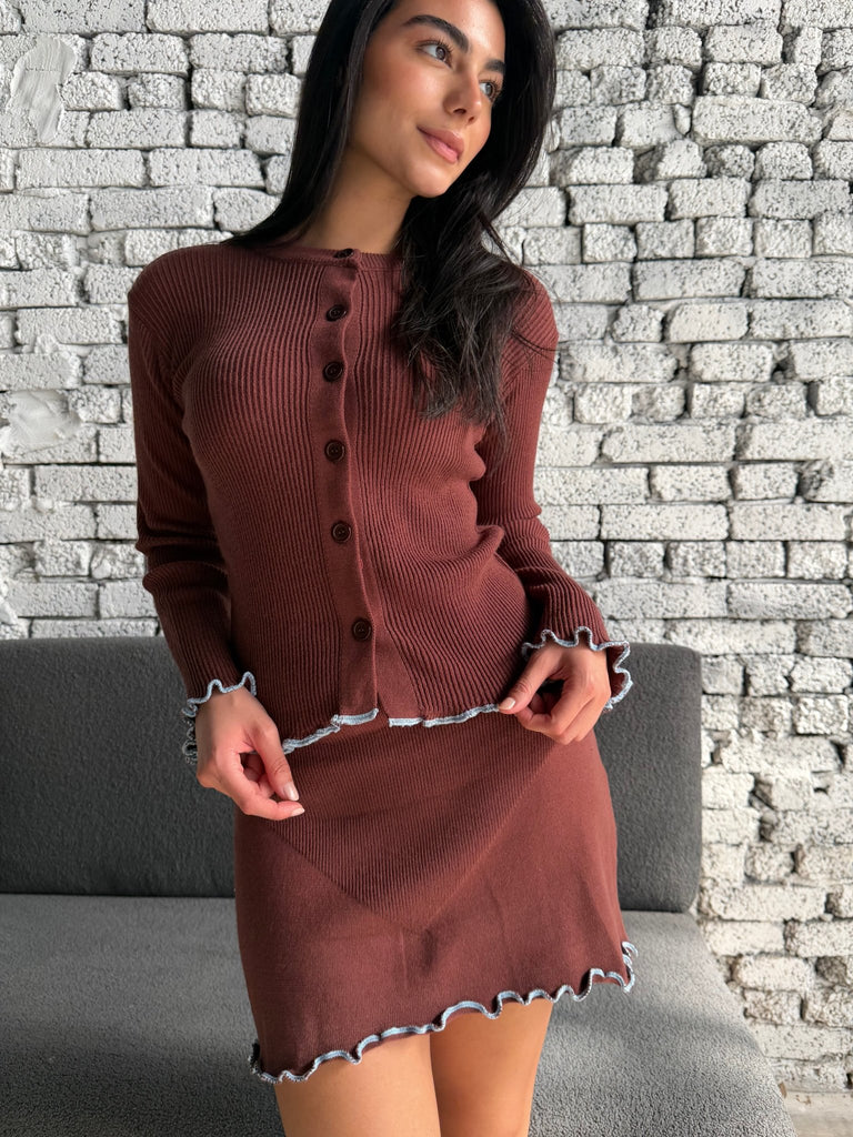 Brown X Blue Gathered Knit Skirt Set - Mii